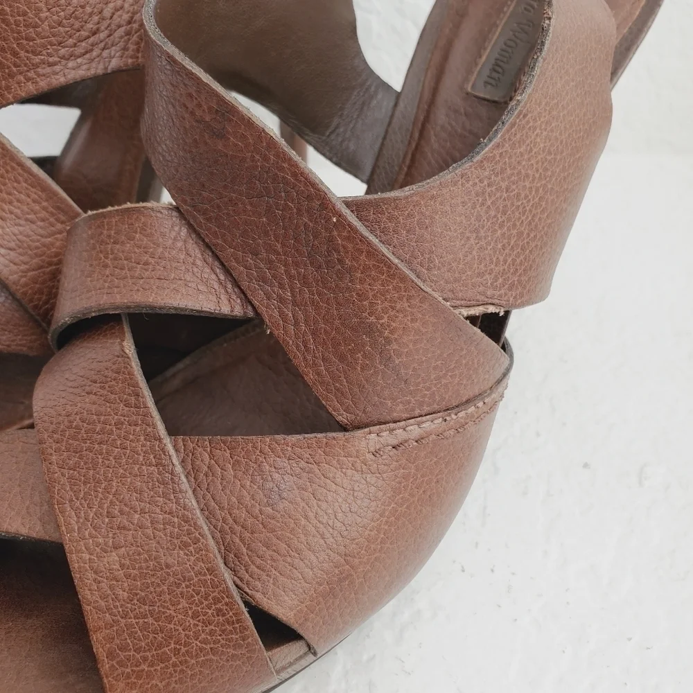 Zara Women Leather Wooden Heal Platform Strappy Sandal Shoes Brown Size 41/US 10 - Picture 3 of 14